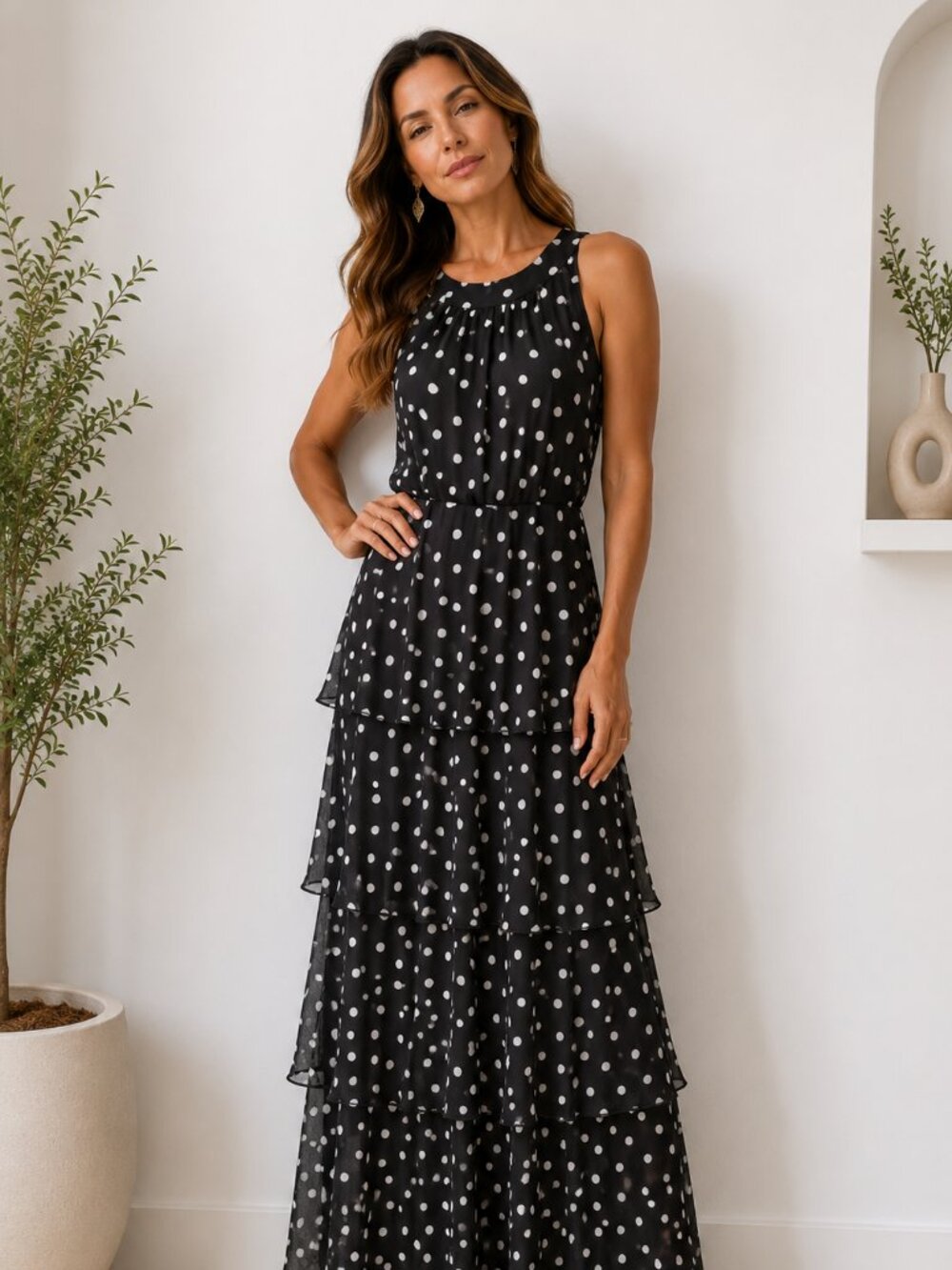 Black & White Polka Dot Tiered Maxi Dress